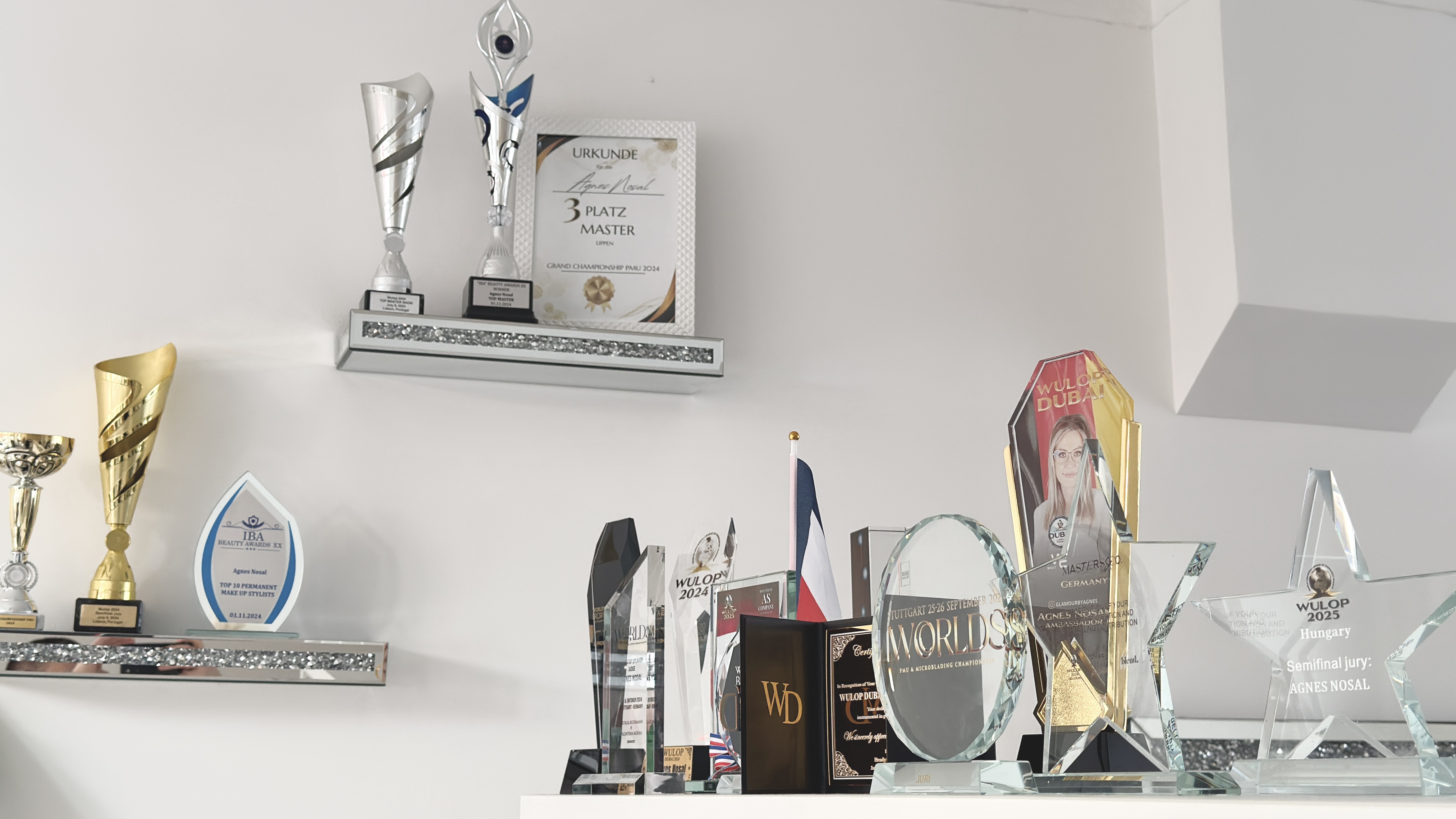 Internationale Permanent Make-Up Auszeichnungen und Pokale von Agnes Nosal - Beauty Award Dubai Germany 2024